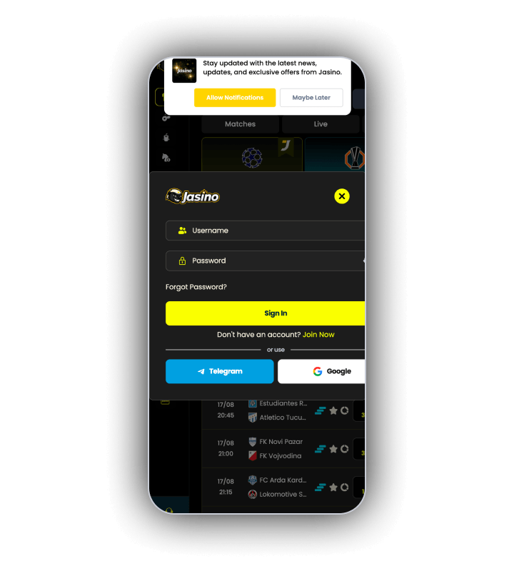 The Jasino sign in area with the account fields ready
