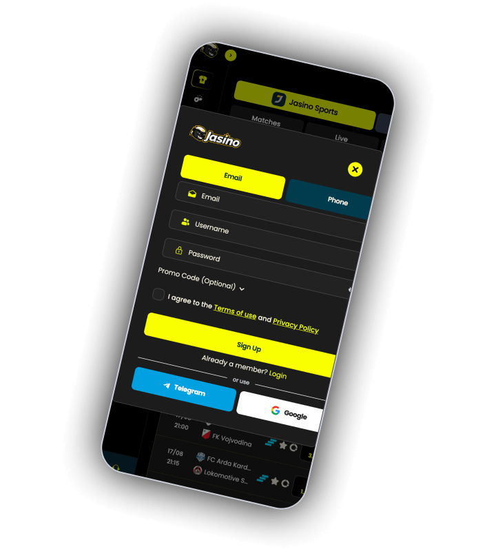 The Jasino sign up form with the mobile number, email, username and password fields